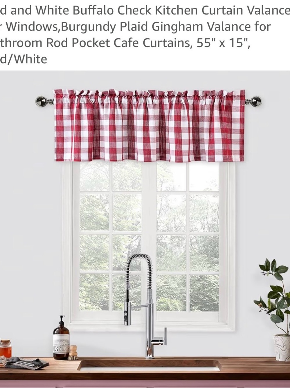 Source Unknown Red and White Gingham Buffalo Check Kitchen Valance